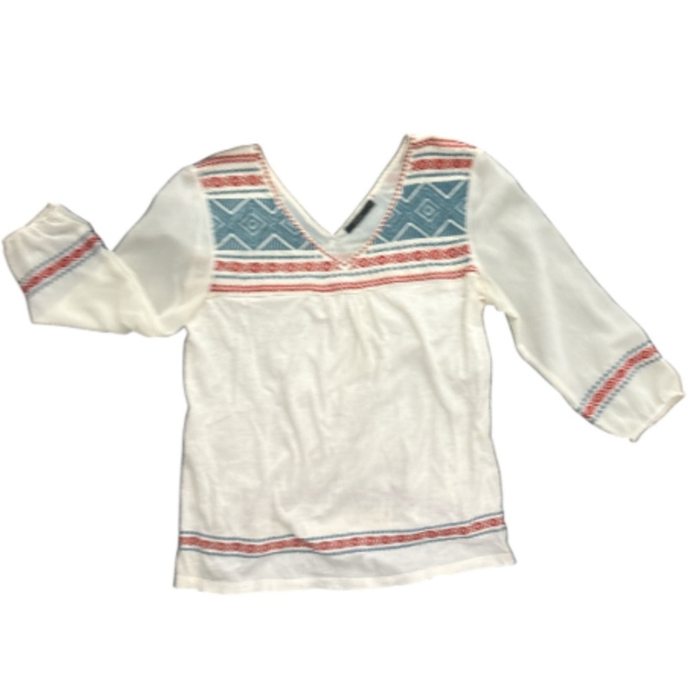 THML White Blouse with Blue and Red Accents